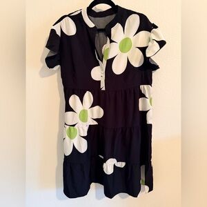 Black Dress with White and Green Floral Pattern